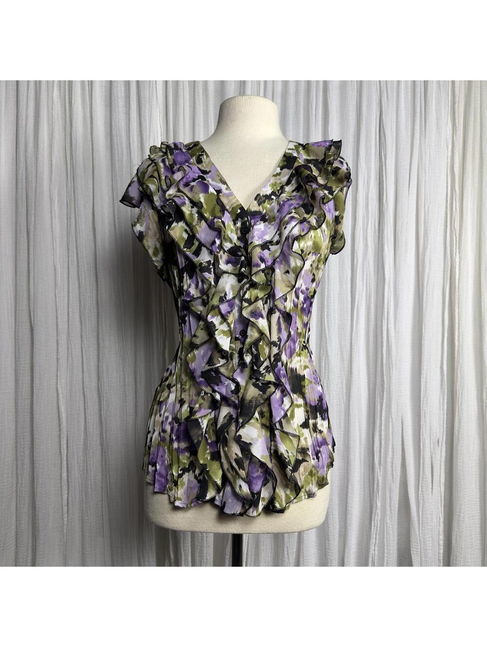 Y2K Indie Boho Preppy Fairy Floral Ruffled Button Up Blouse (L)
